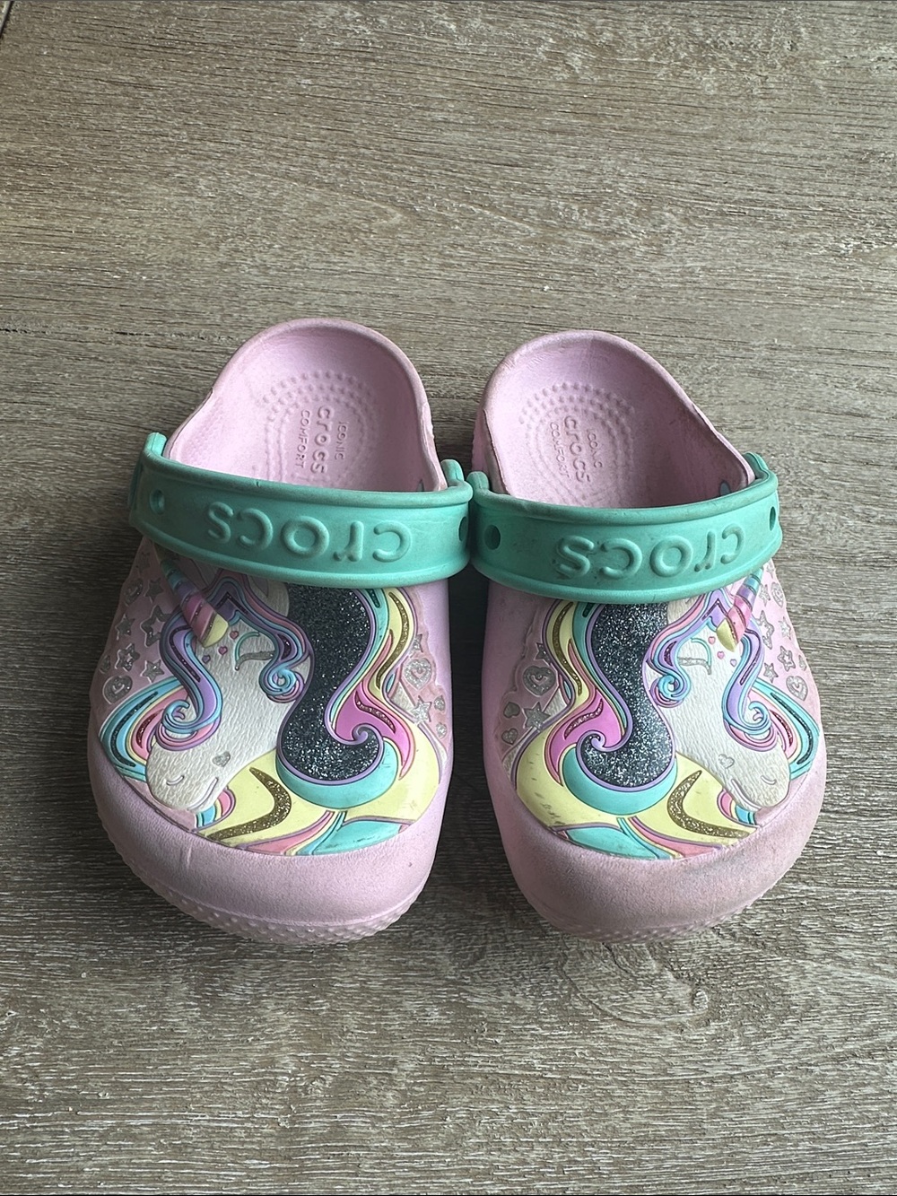 CROCS Kids Pink Unicorn Clogs with Mint Strap